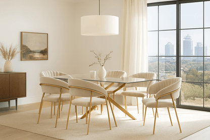 A modern dining room setup featuring a rectangular glass-top table with a gold-tone X base, surrounded by six upholstered chairs with cream fabric and gold legs. The room has a large window with a city view, a white drum pendant light, and a wooden sideboard.