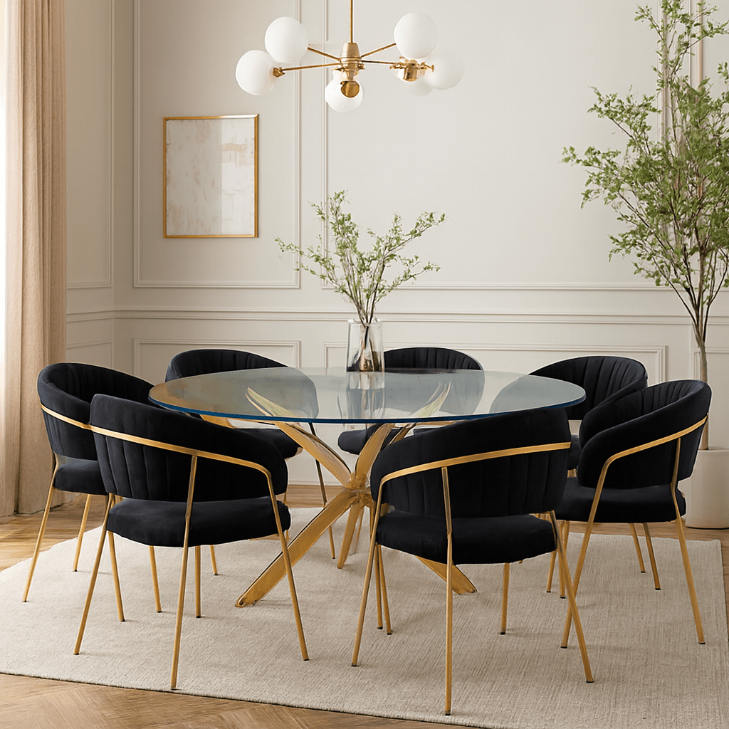 A modern dining set featuring a round glass-top table with a gold-tone star base and six black velvet armchairs with gold metal legs, styled in a bright, elegant dining room.