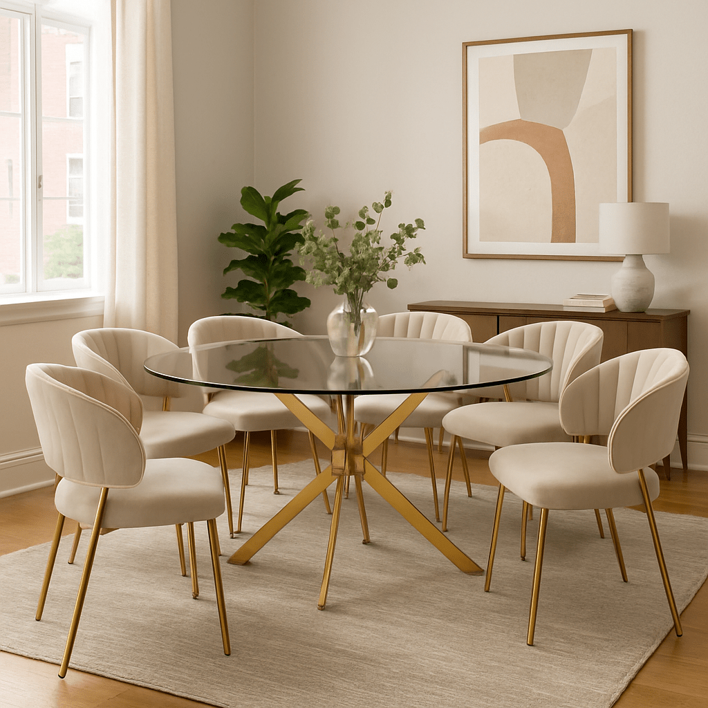 A modern dining room setup featuring a round glass-top table with a gold metal X-base, surrounded by six cream upholstered dining chairs with gold legs. The furniture is arranged on a light beige rug in a bright, contemporary room with a sideboard, lamp, and abstract wall art.