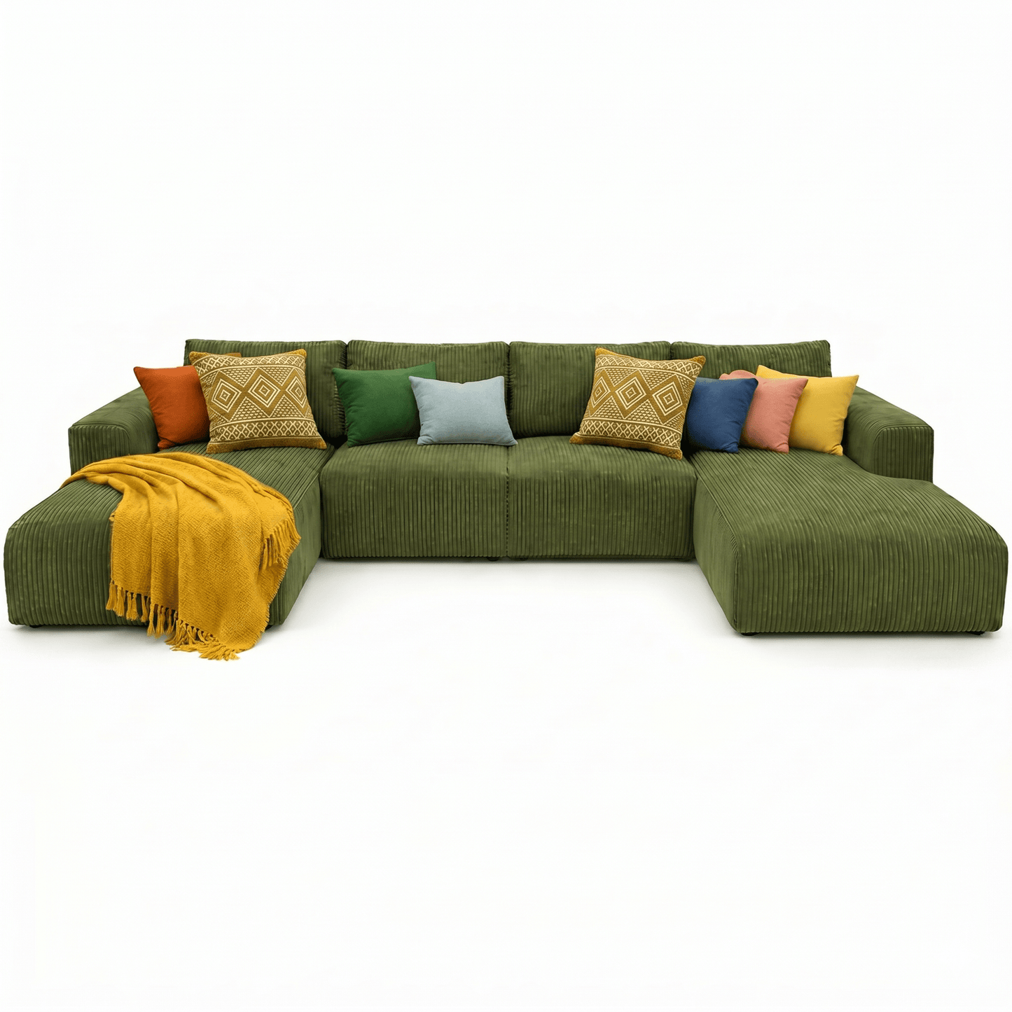 Green sectional sofa with colorful pillows on a white background