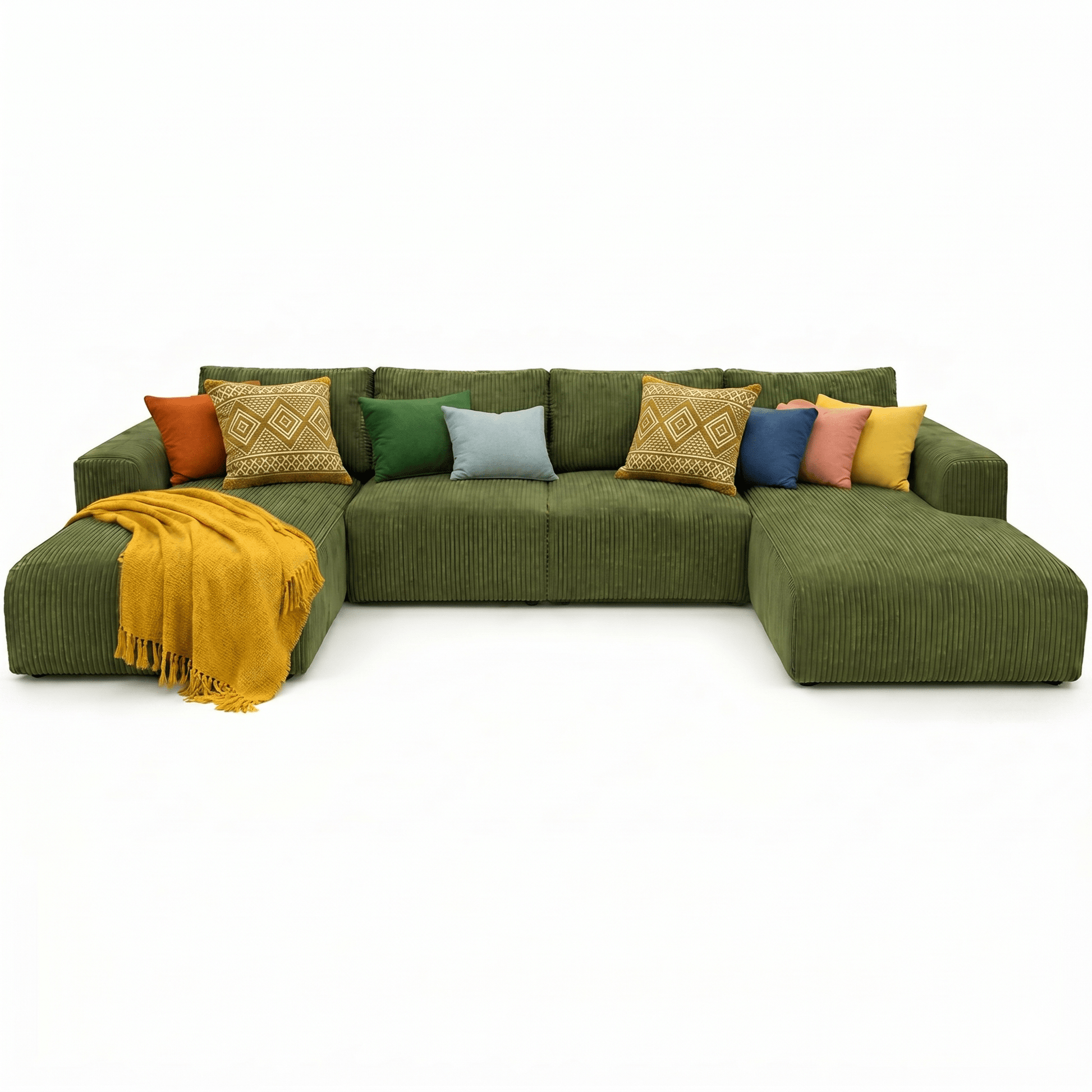 Green sectional sofa with colorful pillows on a white background