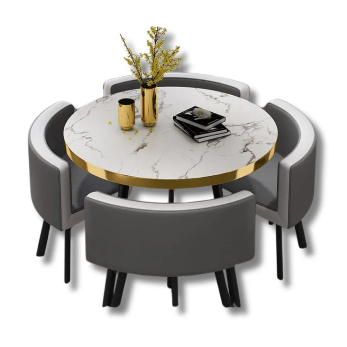 Compact Grey round marble dining table set on a white background - That Couch Place