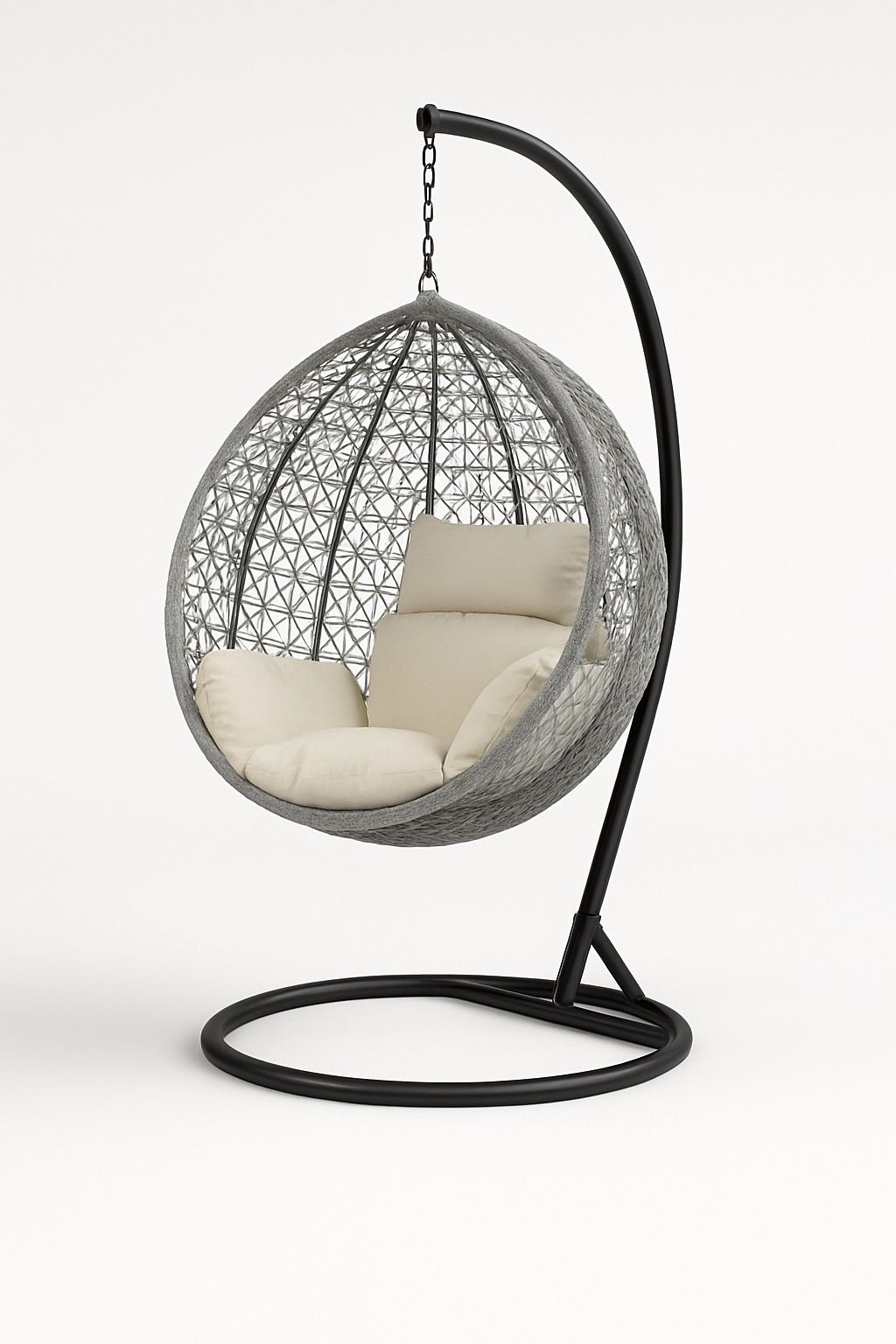 Hanging egg chair with beige cushions on a white background