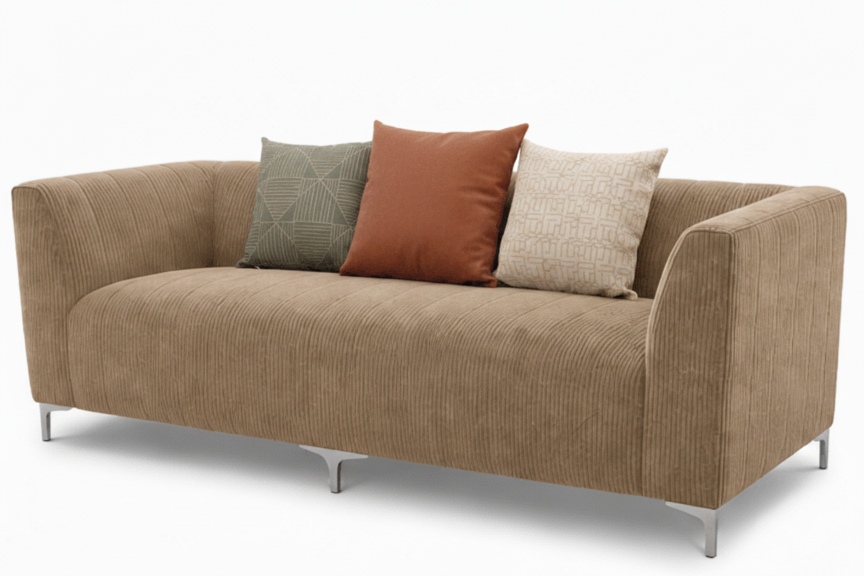 Brown sofa with metal legs on a white background