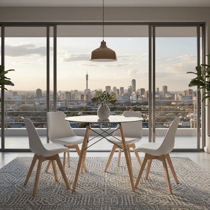White Modern Retro Padded Chairs with table in an urban setting with a view of the city - That Couch Place 