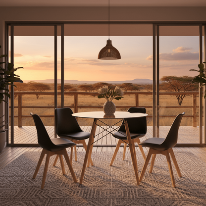 Black Modern Retro Padded Chair in a resort with a view of the bush - That Couch Place