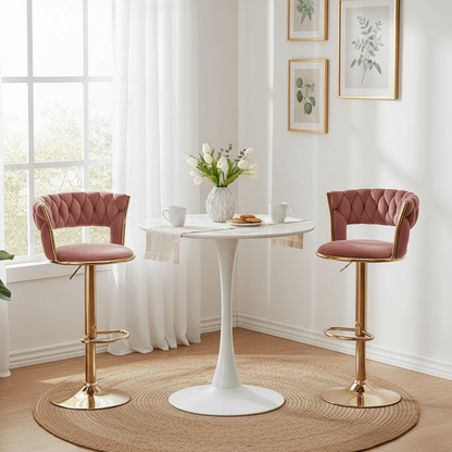 Modern Velvet Wave Hollow Barstool with gold base in airtbnb appartment with white tulip table - That Couch Place