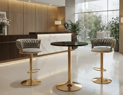 Modern Velvet Wave Hollow Barstool  in hotel foyer with black marble table and gold base- That Couch Place