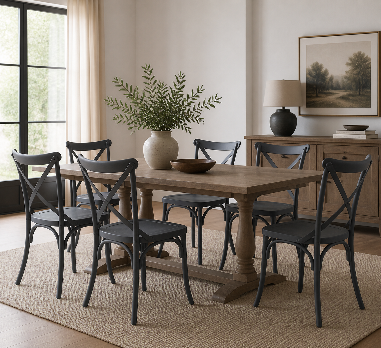 A rustic wooden dining table with six black chairs in a bright, modern dining room setting.