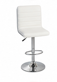 A modern white upholstered bar stool with a padded square backrest, chrome pedestal base, and a lower ring footrest, shown on a plain white background.