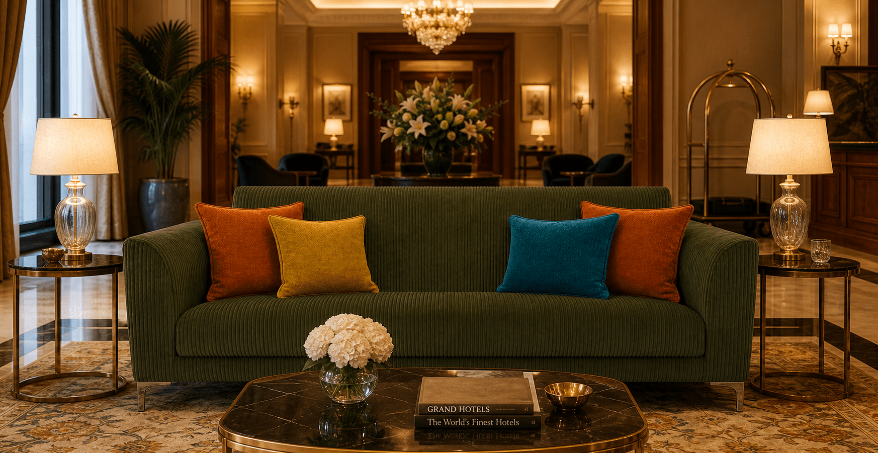 Luxurious hotel lobby with a green sofa, colorful cushions, and elegant decor.
