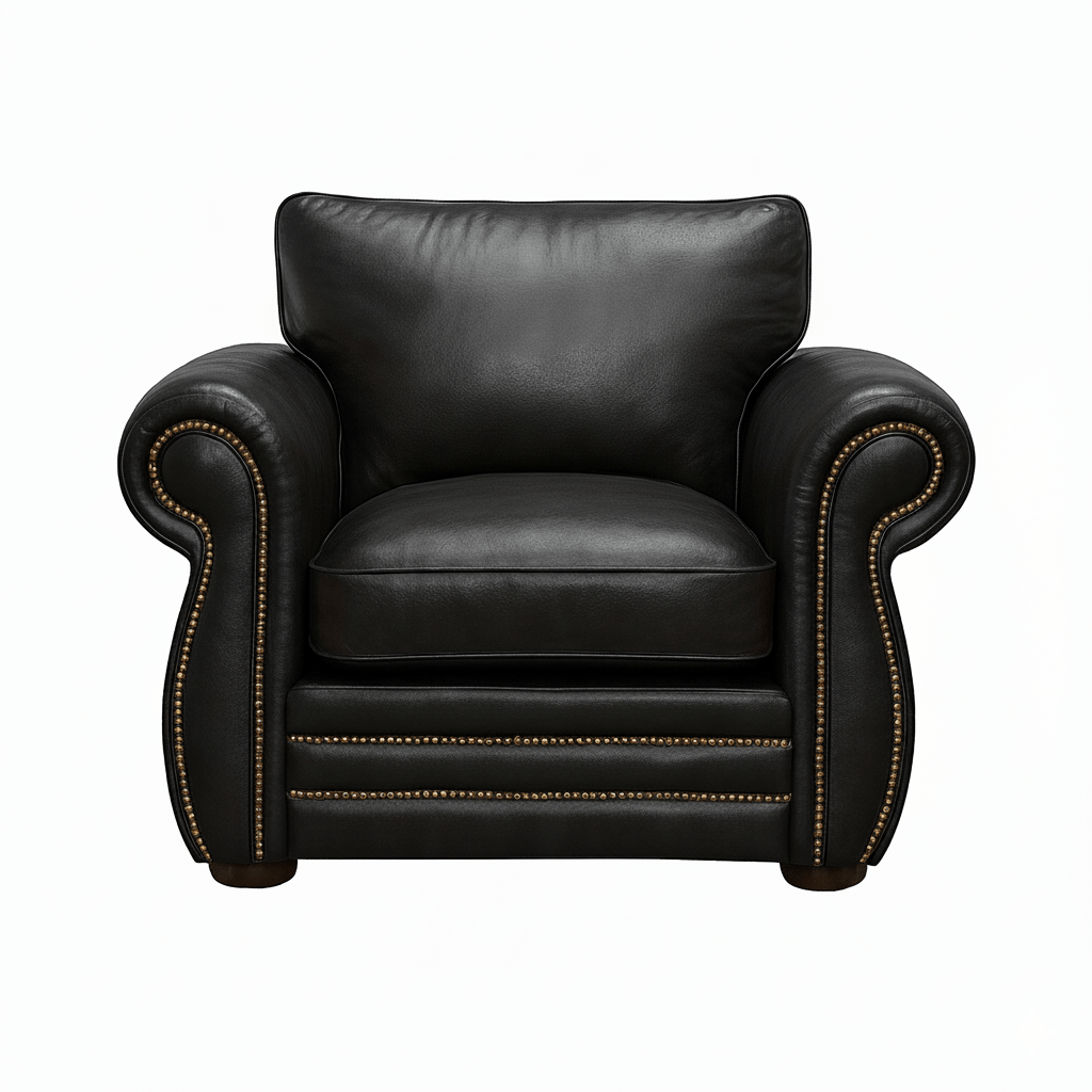 Black leather soft puffy seat armchair with bronze studs on a white background