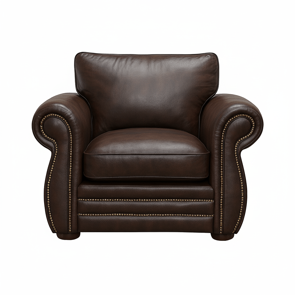 Brown leather soft seating puffy armchair on a white background That Couch Place