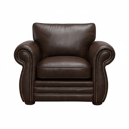 Brown leather soft seating puffy armchair on a white background That Couch Place