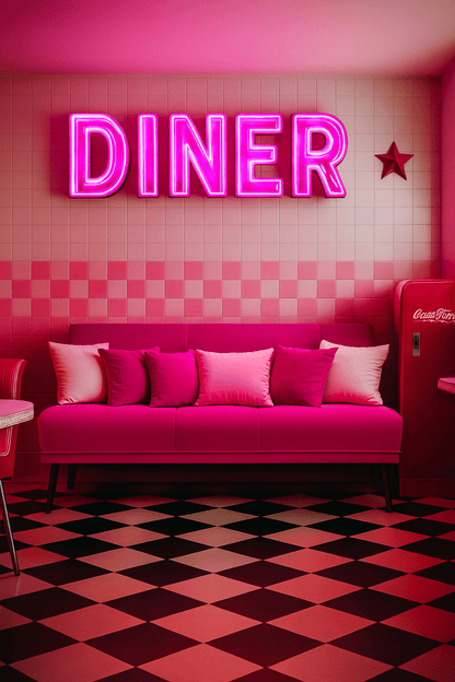 Pink Sleek Sleeper Couch in a Diner Setting- That Couch Place