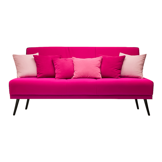 Pink Sleek Sleeper Couch with scatter cushions on white background- That Couch Place