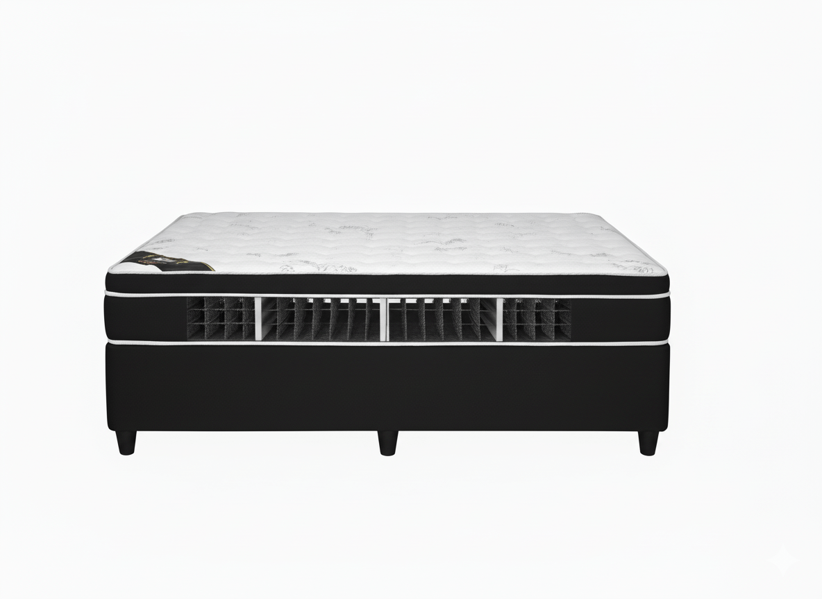 Mattress with a black and white exterior on a white background showing posture bar support. That couch place