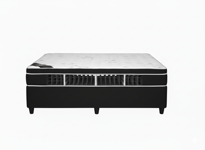 Mattress with a black and white exterior on a white background showing posture bar support. That couch place
