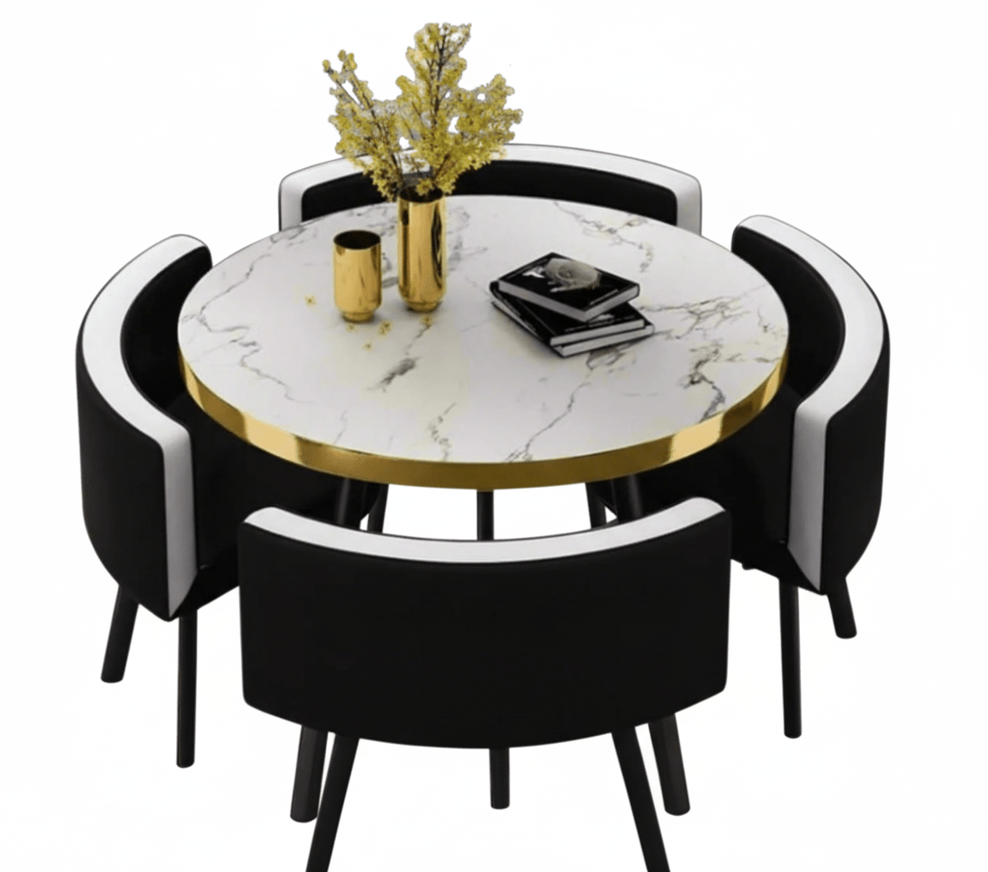 Compact Round marble dining table set on a white background - That Couch Place