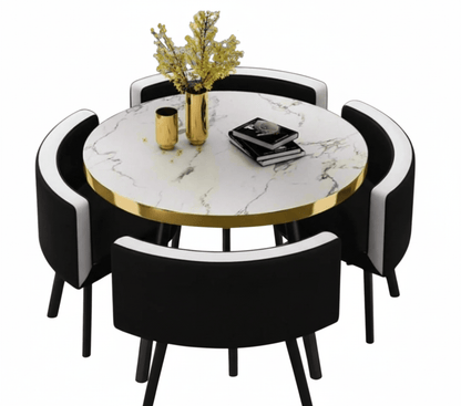 Compact Round marble dining table set on a white background - That Couch Place