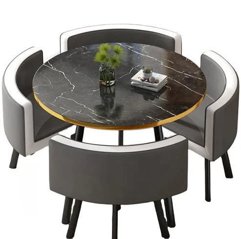 Compact Round black marble dining table set with  grey chairs - That Couch Place
