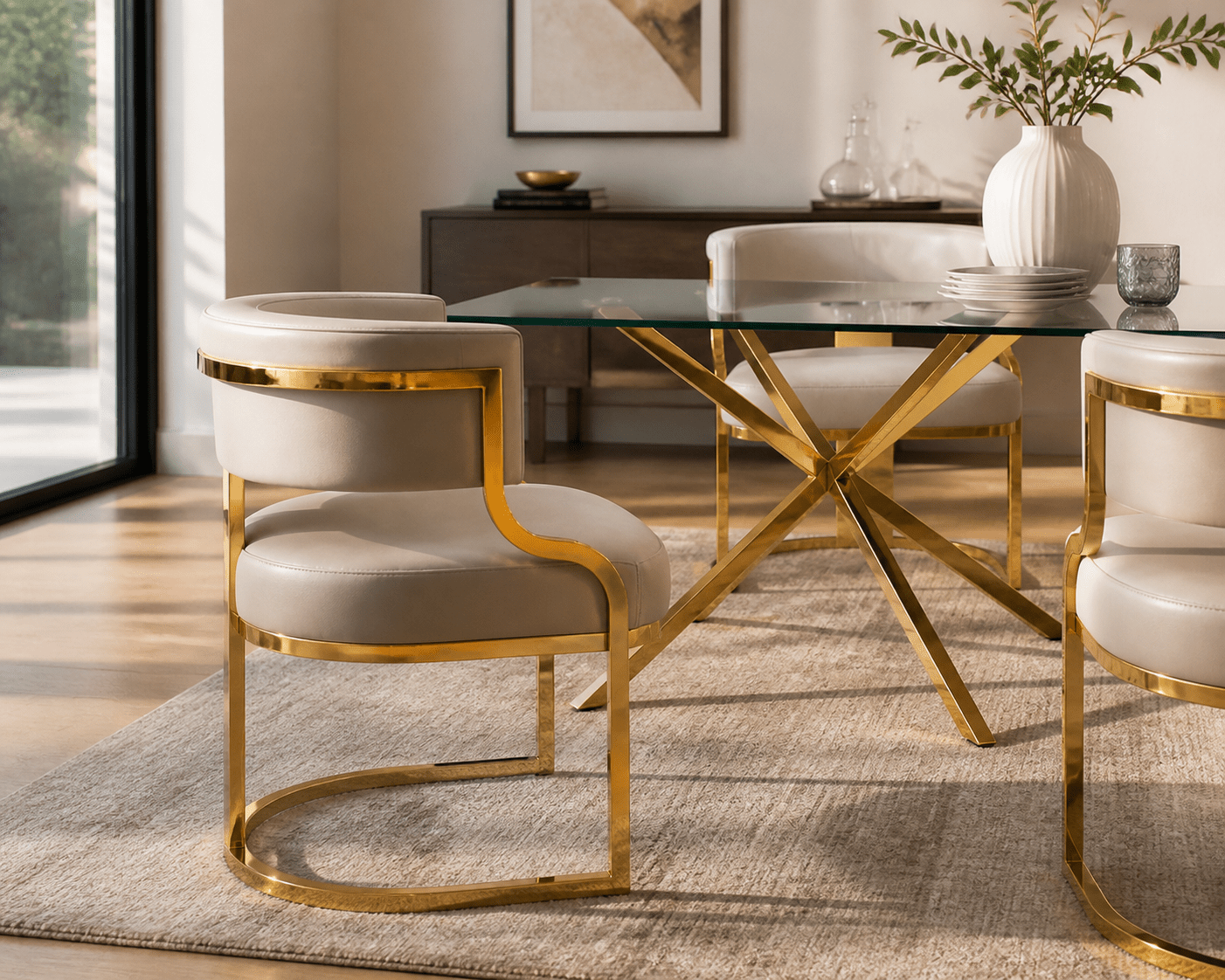 A modern dining room scene featuring a glass-top table with a gold metal X-frame base, surrounded by upholstered chairs with cream fabric and gold curved metal frames, set on a textured beige rug.