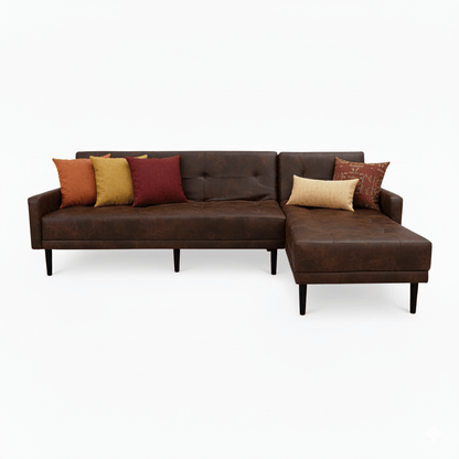 Brown leather sectional sofa with colorful cushions on a white background That Couch Place