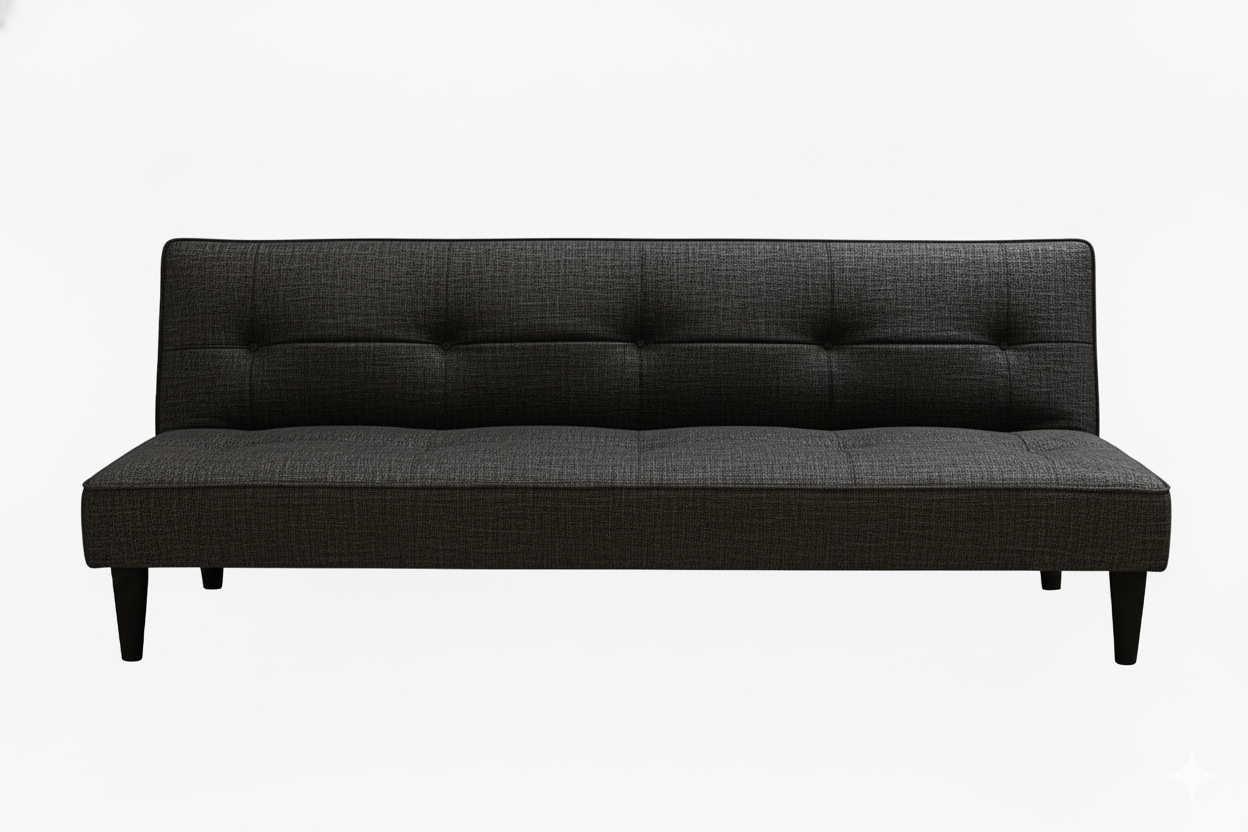 Dark gray sleeper sofa bed with buttoned backrest on a white background That Couch Place