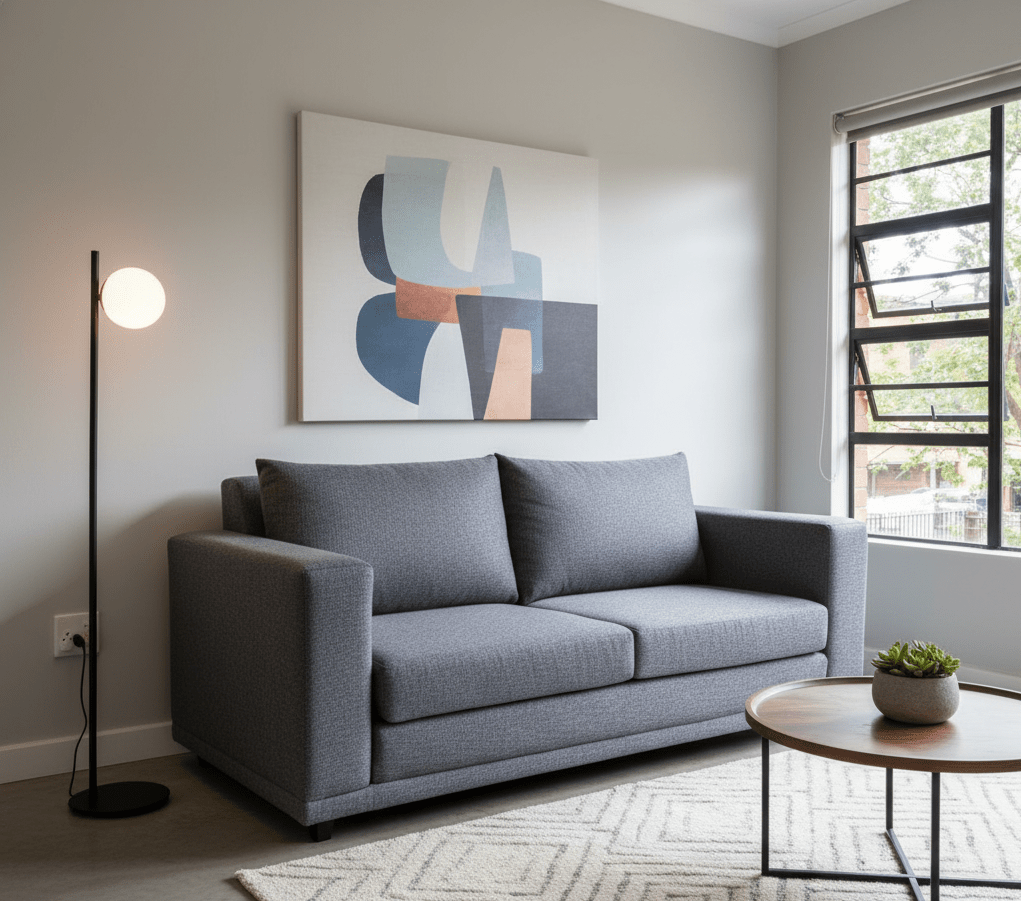 Modern living room with a Gray fold open full foam sleeper couch, round coffee table, and abstract art on the wall. That Couch Place