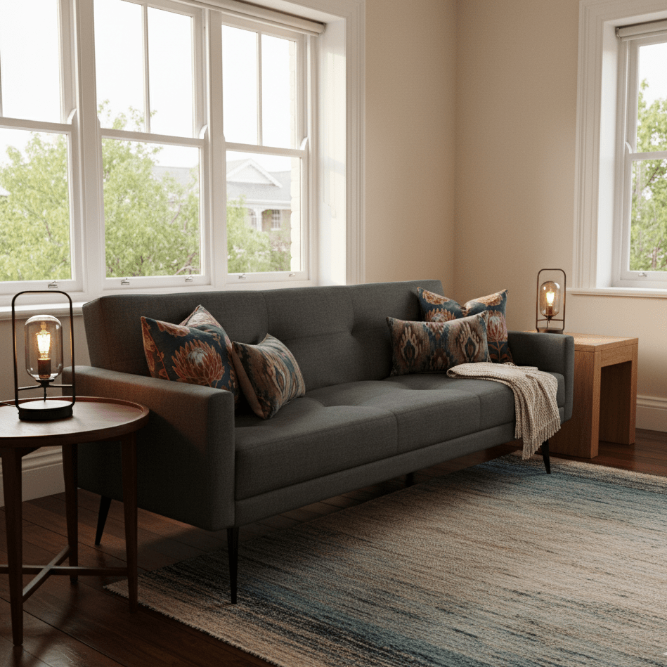 Guest house living room with a dark gray sofa, decorative pillows, and a rug. That Couch Place 