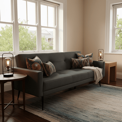 Guest house living room with a dark gray sofa, decorative pillows, and a rug. That Couch Place 