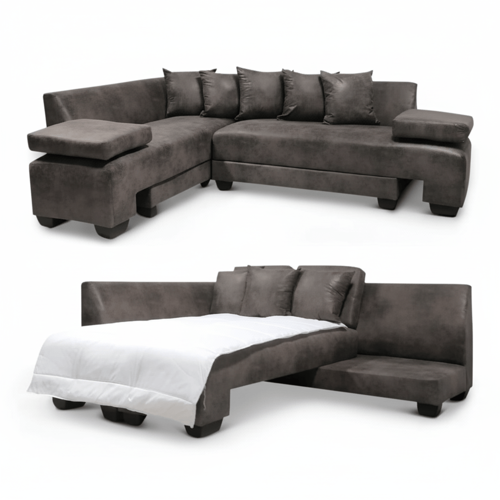 Gray buffalo sectional sleeper couch with a bed conversion on a white background That Couch Place