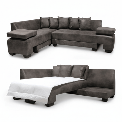 Gray buffalo sectional sleeper couch with a bed conversion on a white background That Couch Place