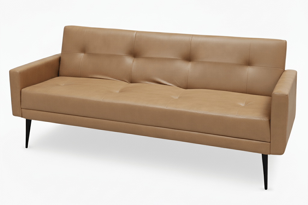 Tan leather sleeper couch on a white background That Couch Place