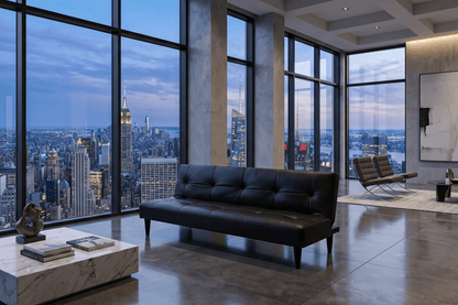Modern living room with a city skyline view from large windows.