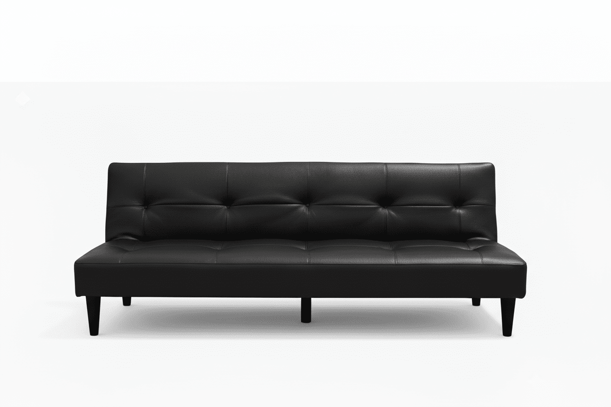 Black leather sofa on a white background. That Couch Place