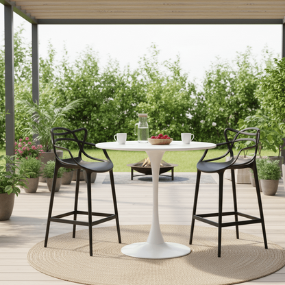 Table: The Tulip Pedestal Table: Iconic Elegance, Your Perfect Height on patio setting with garden background - That Couch Place
