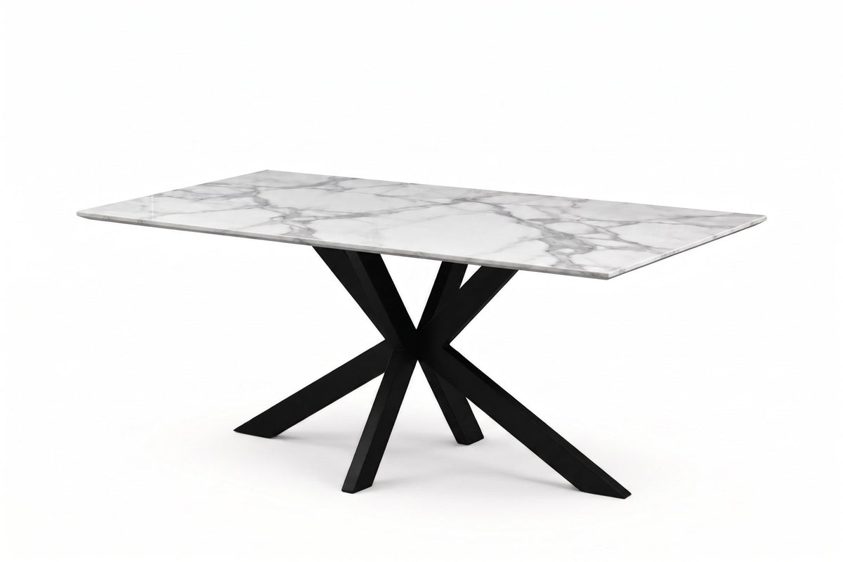 White marble table with black cross legs on white background