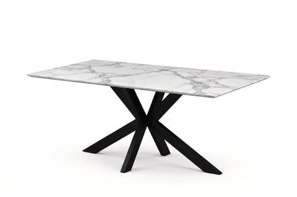 White marble table with black cross legs on white background
