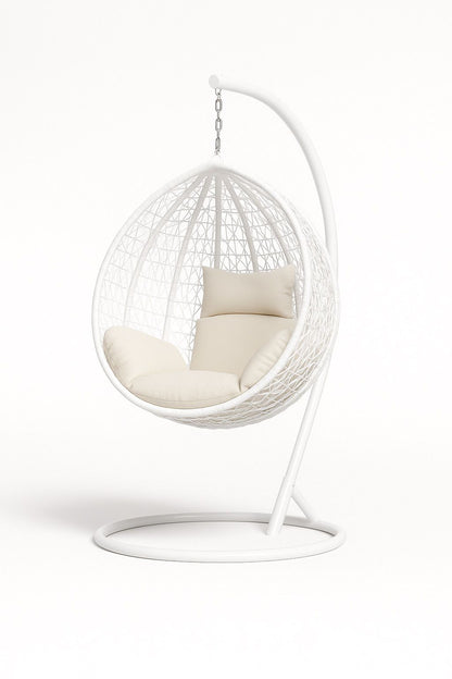 White hanging egg chair with beige cushions on a white background