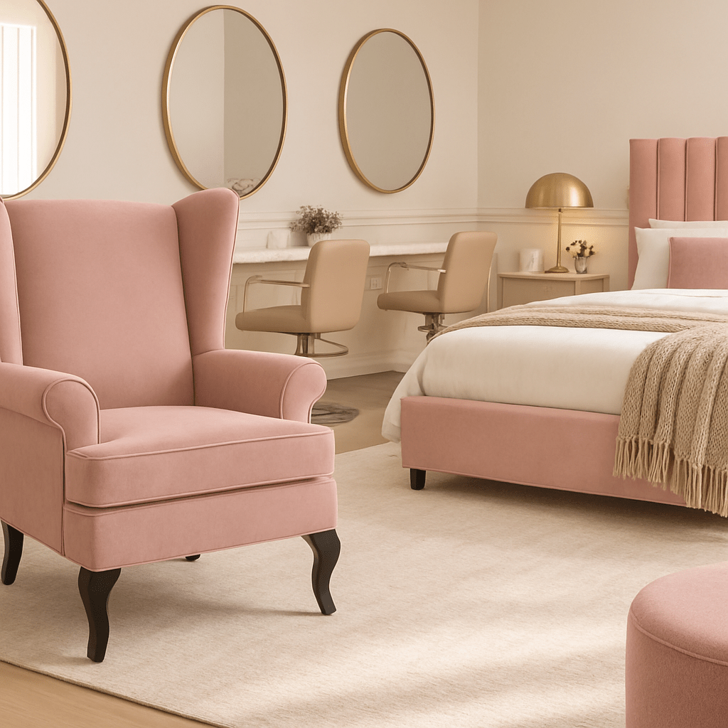 A styled bedroom interior featuring a blush pink upholstered wingback armchair in the foreground, with a matching bed, beige rug, desk with two chairs, and gold-framed mirrors in the background.