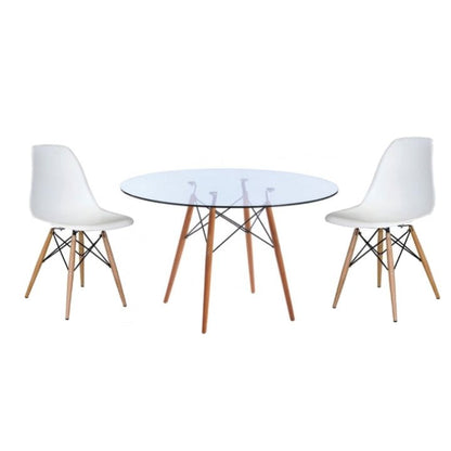 Round Glass Table Dining Room Set  Table and 2 White Chairs on a white background - That Couch Place