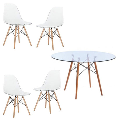 Round Glass Table Dining Room Set  Table and 4 White Chairs on a white background - That Couch Place