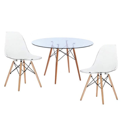 Round Glass Table Dining Room Set  Table and 2 White Chairs on a white background - That Couch Place