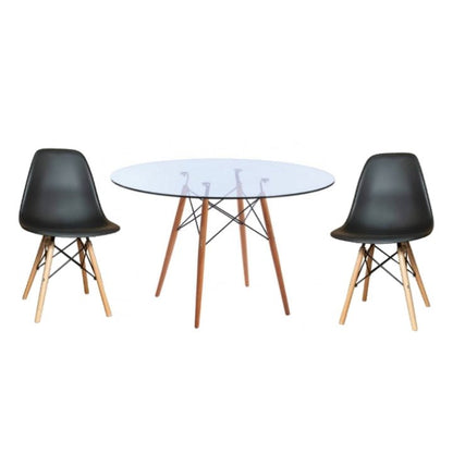 Round Glass Table Dining Room Set  Table and 2 Black Chairs on a white background - That Couch Place