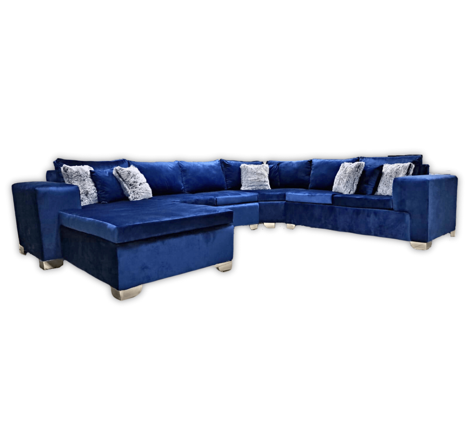 Large Blue Velvet Corner Lounge Suite on a white background - That Couch Place