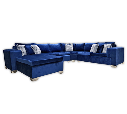 Large Blue Velvet Corner Lounge Suite on a white background - That Couch Place