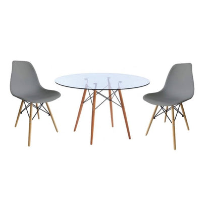 Round Glass Table Dining Room Set  Table and 2 grey Chairs on a white background - That Couch Place